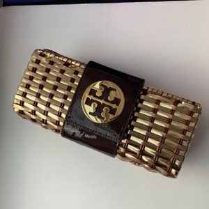 Tory Burch gold woven clutch
